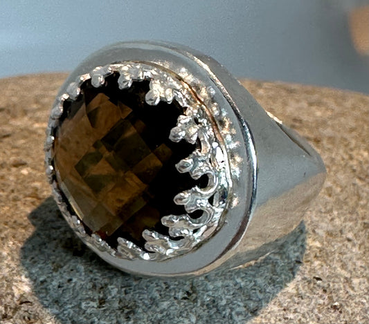 ANILLO 0070- CHEVALIER PLATA CUARZO FUME FACETADO