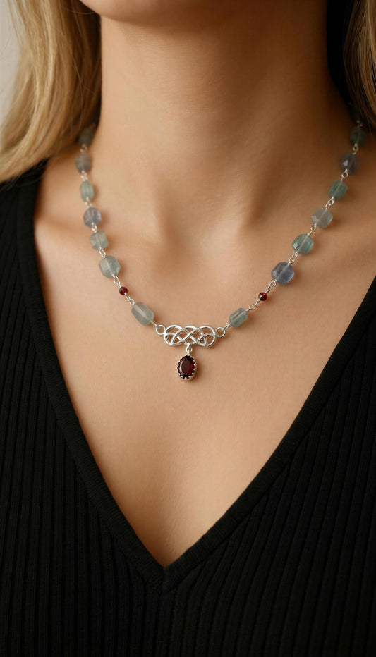 FR0035- COLLAR CHOKER FLUORITAS Y GRANATE - PLATA