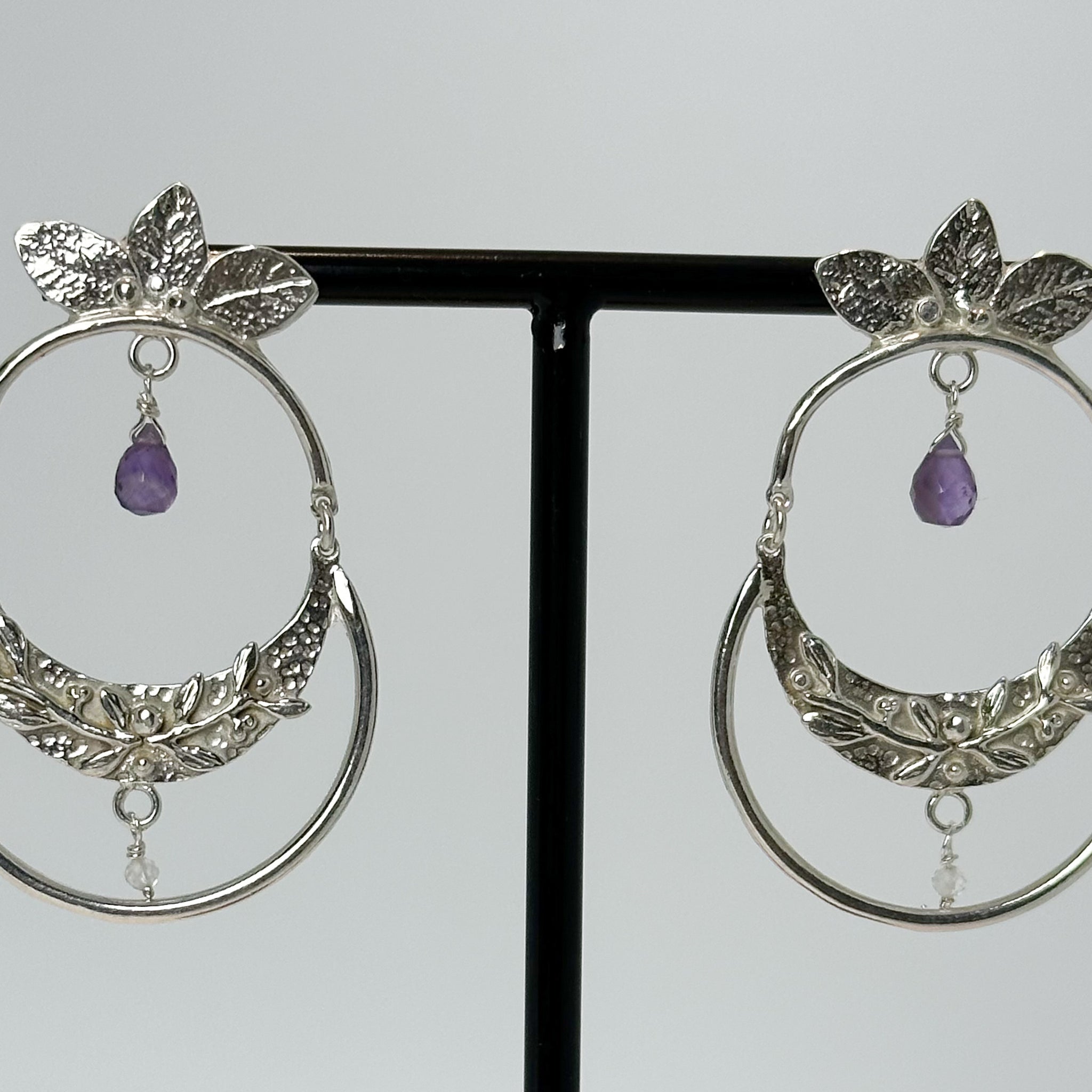 AROS FR 3056-BOHO GRANDES PLATA- GOTAS AMATISTA Y CRISTAL