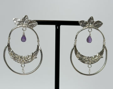 AROS FR 3056-BOHO GRANDES PLATA- GOTAS AMATISTA Y CRISTAL