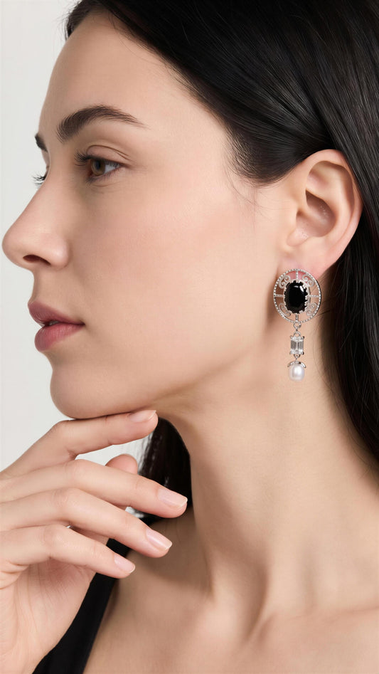 AROS FR3072- PLATA-ONIX NEGRO- MOISSANITA- PERLA
