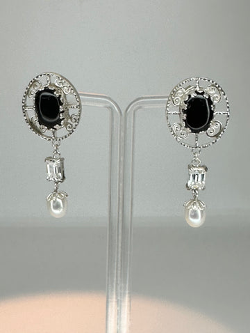 AROS FR3072- PLATA-ONIX NEGRO- MOISSANITA- PERLA