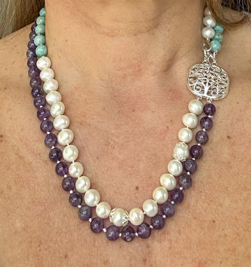 COLLAR FR4059- COLLAR DOBLE PERLAS- AMATISTAS- AVENTURINAS