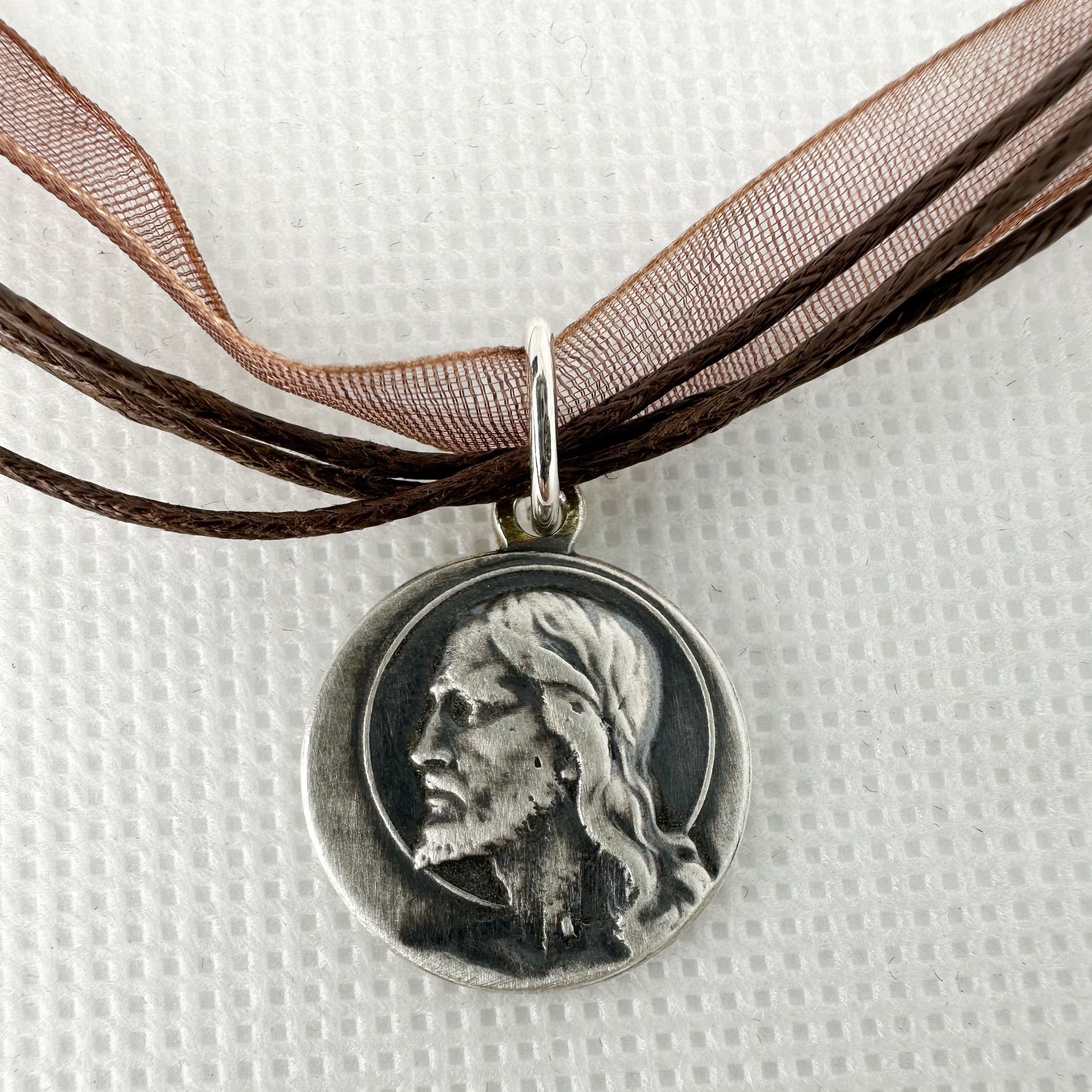 FR-5001: MEDALLA DE PLATA JESUCRISTO ITALIANA DOBLE FAZ COLLAR DE ORGANZA