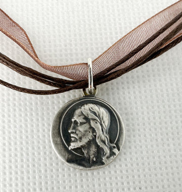FR-5001: MEDALLA DE PLATA JESUCRISTO ITALIANA DOBLE FAZ COLLAR DE ORGANZA