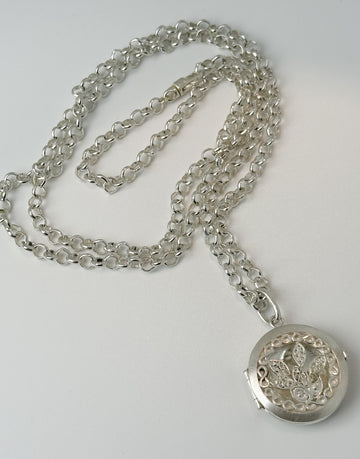 COLLAR FR 5006- FINO RELICARIO DE PLATA FILIGRANA CON GRAN CADENA ROLO