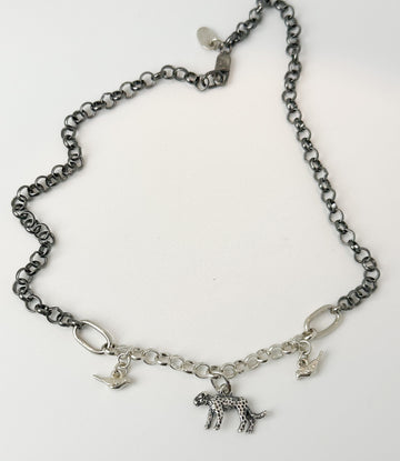 COLLAR FR 5013- CADENA PLATA COMBINADA CON DIJES LEOPARDO PAJARITOS