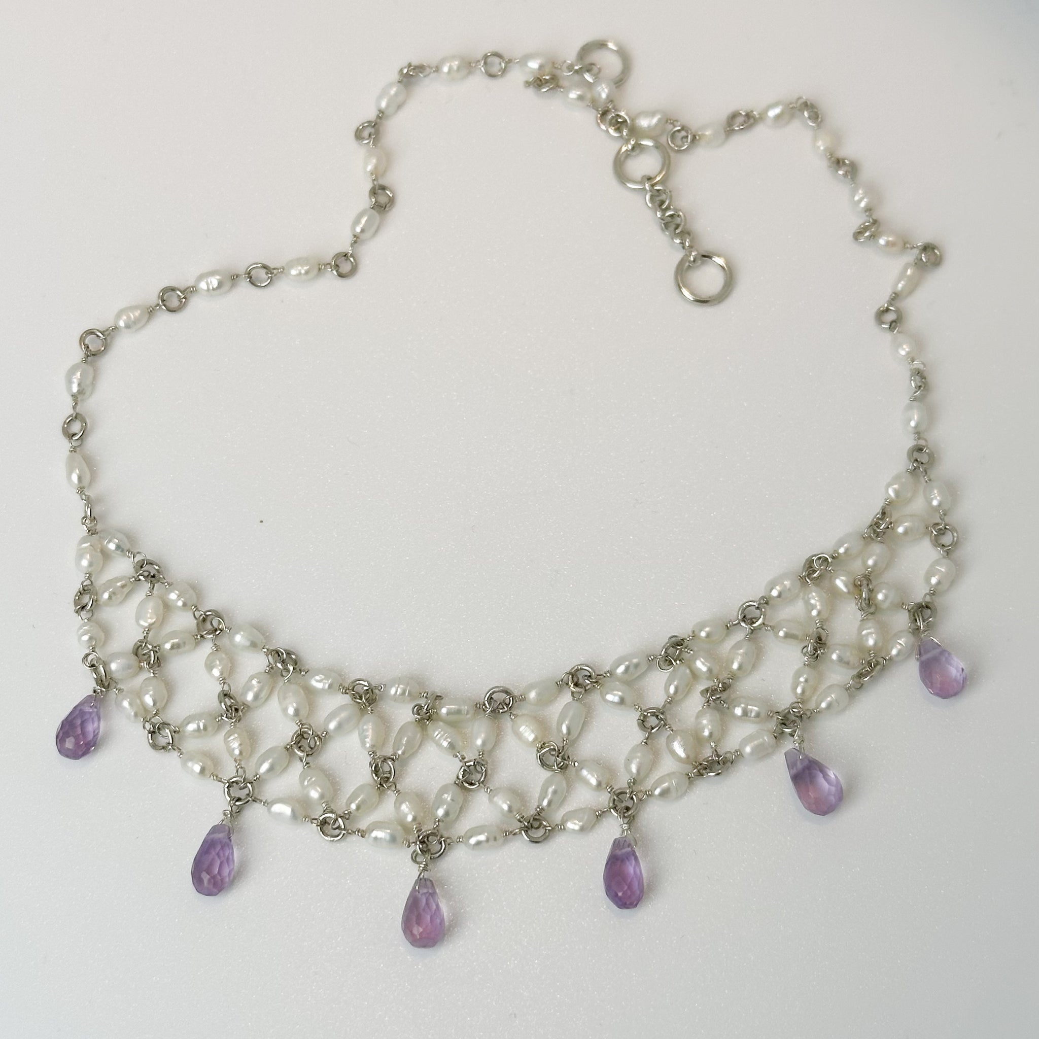 COLLAR- FR 5014-CHOKER TEJIDO A MANO PLATA PERLAS Y AMATISTAS