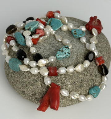 FR 6028- COLLAR PERLAS TURQUESA CORALES HILADO
